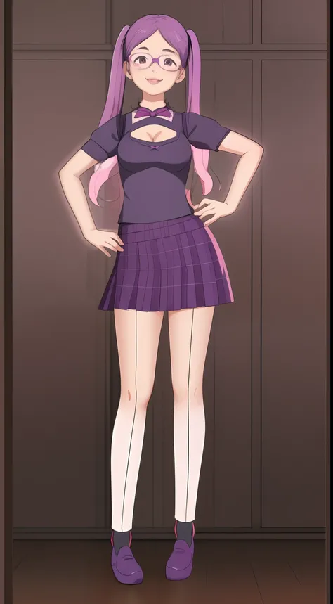 1 girl young girl with glasses, she smiles, tall, small eyes, teenage, "side bunds", pink pigtails hair, big lips, waring a purple Monochromatic Cheongsam. Skirt with petticoat (short sleeves) and ((cleavage)) pink ribbon.