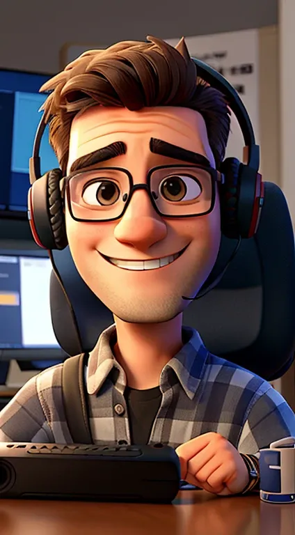 man smiling, wearing glasses, audiovisual producer, using headset and in the background there is a film studio