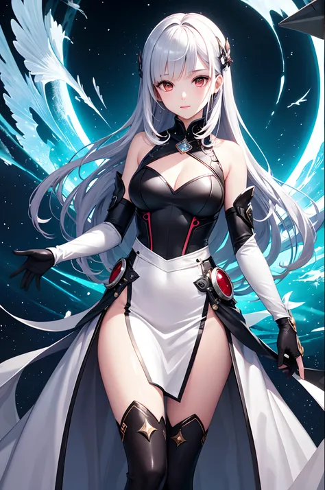 top-quality、Top image quality、​masterpiece、超A high resolution、Android Beautiful Girl、sixteen years old, Glowing red cyber suit, White energy source in the chest、Blue shiny hair、The long-haired,Red eyes、A slender、The face is depicted in detail、Eyes are draw...