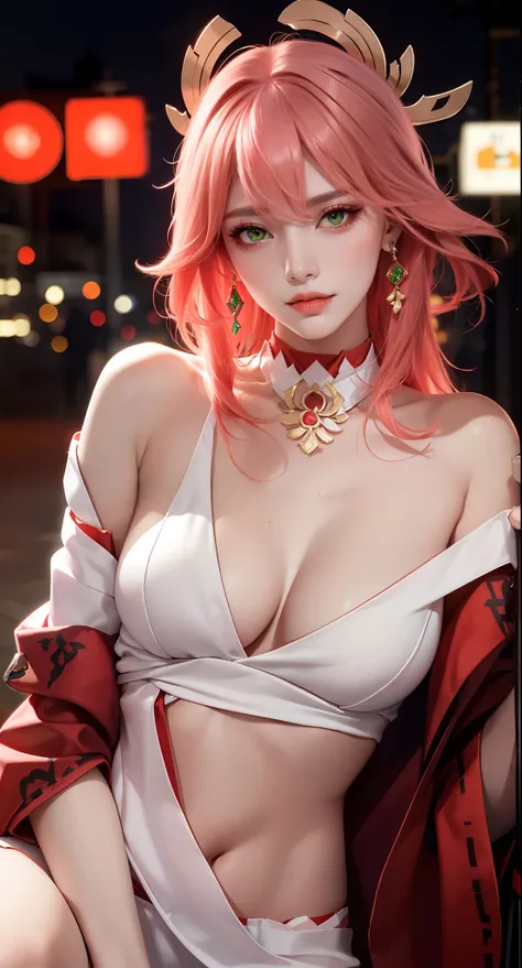 on bed, lying on bed, (Masterpiece, Excellent, 1girl, solo, complex details, color difference), realism, ((medium breath)), off-the-shoulders, big breasts, sexy, Yae Miko, long pink hair, red headdress, red highlight, hair above one eye, green eyes, earrin...