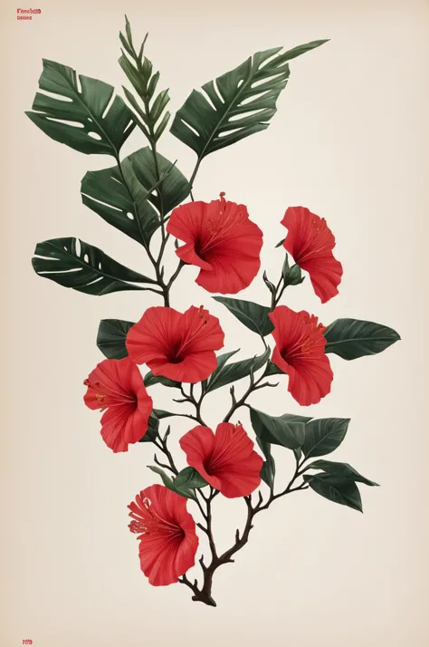 hibiscus flower blooming on a gnarled branch against a grey background, simple background, in the style of light orange and light beige, minimalist images, photography installations, paleocore, green and crimson, hyper-realistic, poetic intimacy