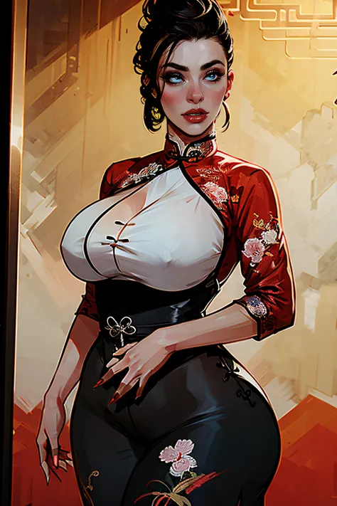 ch3rryg1g, ((Masterpiece)), ((ultraHD)), Women, ((Chinese)), ((Asian)), plump lips, Red lipstick, Elegant, black hair, unruly shaved side mohawk, mascara, eye shadow, tall, wide hips, giant boobs, qipao,