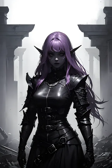 (dark fantasy:1.3), (black and purple theme:1.3), (dark theme:1.3), (in the dark:1.3), (1dark elf:1.3), solo, portrait of extrem...