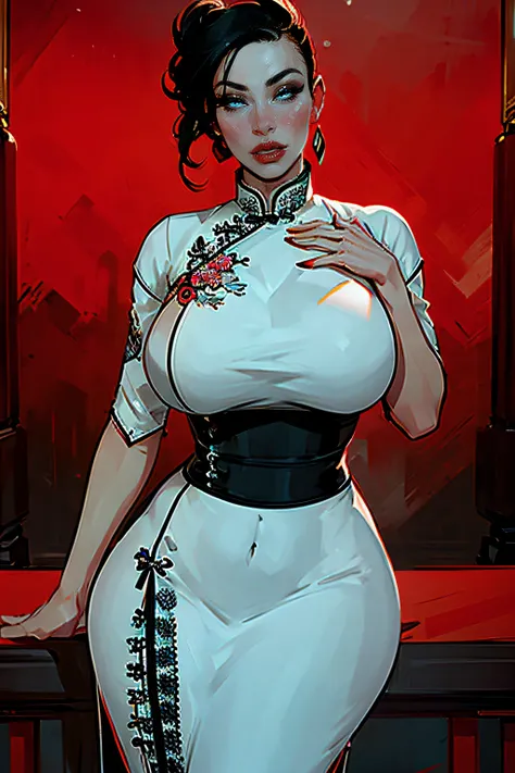 ch3rryg1g, ((Masterpiece)), ((ultraHD)), Women, ((Chinese)), ((Asian)), plump lips, Red lipstick, Elegant, black hair, unruly shaved side mohawk, mascara, eye shadow, tall, wide hips, giant boobs, qipao,