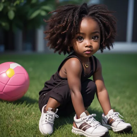 realistic portrait of cute African American baby ((dark brown skin color)), big eyes, sitting playing with a ball, ((chibi)), ((ball)), ((grass)), wearing tank top, black pants and black shoes, current fashion, kanekalon style hair, dark lighting backgroun...