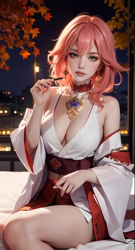 on bed, lying on bed, (Masterpiece, Excellent, 1girl, solo, complex details, color difference), realism, ((medium breath)), off-the-shoulders, big breasts, sexy, Yae Miko, long pink hair, red headdress, red highlight, hair above one eye, green eyes, earrin...