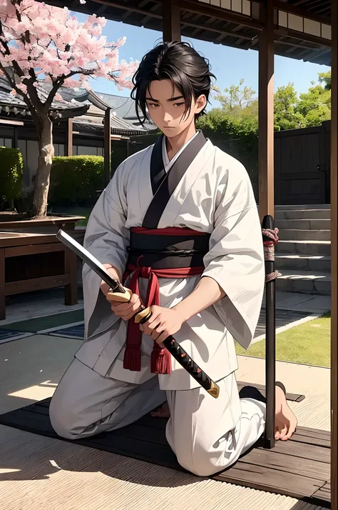 Photo de couverture de livre : A 15-year-old samurai, Kneeling in a dojo, porte un kimono de lin blanc. His youthful features express intense concentration. At his side, An intricately carved katana is a reminder of his status as an apprentice at a renowne...