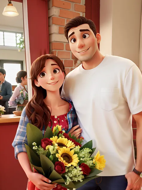 A couple in love holding flowers for her birthday