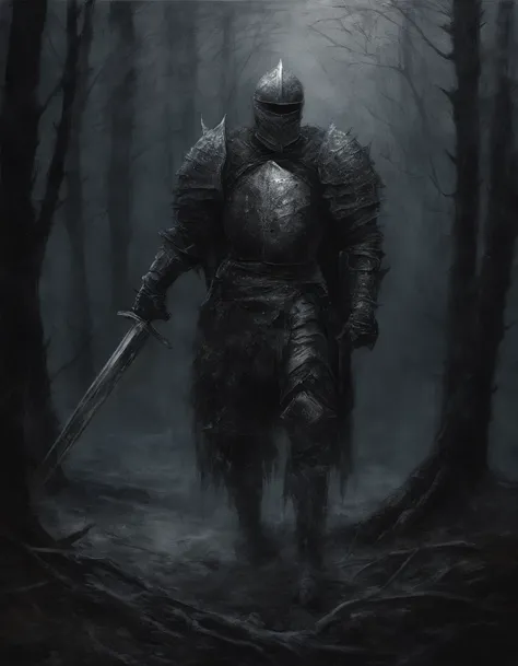 Create an impressionist painting of a creepy warrior knight, Schnee, Kosmische Asche, artistic, kompliziert