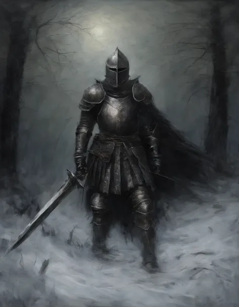 Create an impressionist painting of a creepy warrior knight, Schnee, Kosmische Asche, artistic, kompliziert