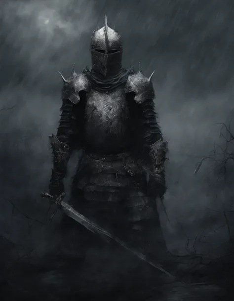 Create an impressionist painting of a creepy warrior knight, Schnee, Kosmische Asche, artistic, kompliziert