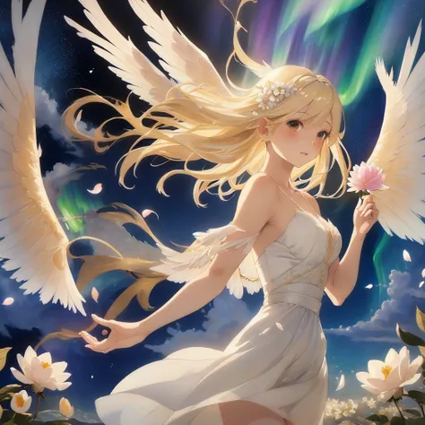 (blond hair:white dress,wings),oil painting,delicate texture,soft brush strokes,ethereal lighting,vibrant colors,angelic figure,serene expression,heavenly garden,beautiful flowers,floating petals,aurora borealis,majestic clouds breathtaking scenery,masterp...