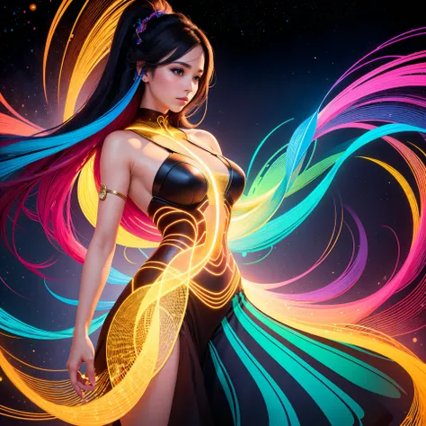 high quality, 8K Ultra HD, Imagine a vibrant canvas illuminated by a cascade of colorful binary code, forming the silhouette of a captivating woman, The dynamic lines and patterns, reminiscent of a digital dance, weave together to create a harmonious fusio...