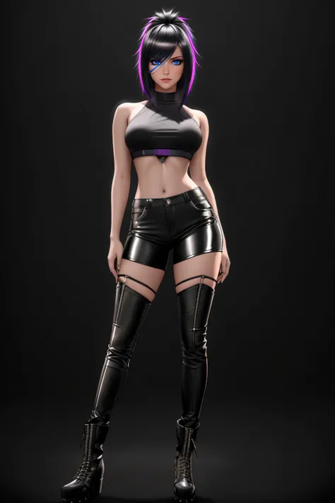 beautiful girl, ((standing:1.4)), (confident gaze:1.1), full body, short bright neon streaked black hair, ((realistic highly detailed eyes:1.4)), ((seductive pose:1.2)), black eyeshadow, (street style wear:1.2), ((tight fitted pants)), ((knee high leather ...