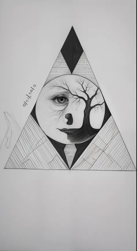 A drawing of a tree and a man in a triangle, desenho simples, desenho surreal, desenho em preto e branco, arte a tinta, desenho com tinta, an optical illusion drawing, pencil and ink drawing, monochrome drawing, um desenho a tinta digital, Directed by: Fre...