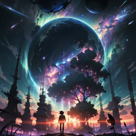 anime - style scene of the most beautiful aesthetic cosmic psychedelic sky with a shooting star and a distant planet, aesthetic cosmic psychedelic atmospheric skies. by makoto shinkai, anime art wallpaper 4k, anime art wallpaper 4 k, anime art wallpaper 8 ...