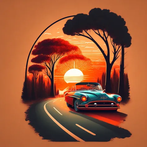 design de camisetas,Hand-drawn illustrations, Nostalgic sports cars on the road,Sunset，tree shade，personagem" CONTINUE"