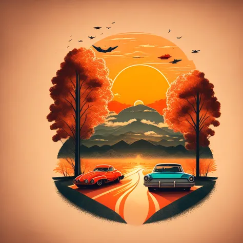 design de camisetas,Hand-drawn illustrations, Nostalgic sports cars on the road,Sunset，tree shade，personagem" CONTINUE"