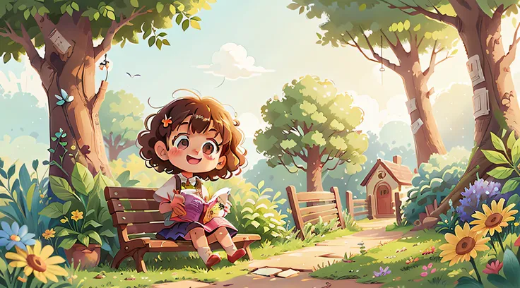 anime girl looking excited, sitting on a bench, reading a gardening magazine, curly hair, cute detailed digital art, cute art style, adorable digital painting, childrens art in artstation, cute digital art, cute detailed artwork, rounded house and cute cha...