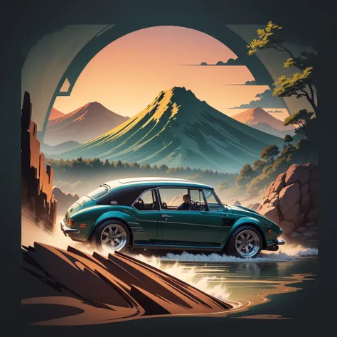 T-shirt design, genshin impact graphic, vector, a vintage car with a scenic landscape in the background, detailed illustration, and retro style