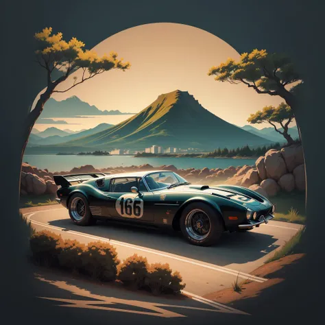 T-shirt design, genshin impact graphic, vector, a vintage car with a scenic landscape in the background, detailed illustration, and retro style