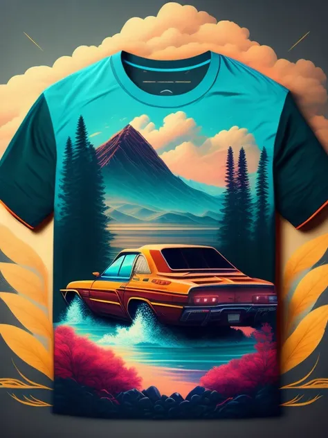 "carro, paisagem urbana exuberante, design de camiseta estilizado, meio da jornada, arte vetorial vibrante, hydro74"