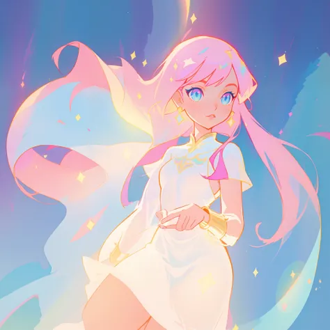 beautiful girl in white arabian two-piece dress, (arabian princess), (arabian dancer), (fantasy arabian dress),long colorful sparkling pink hair, watercolor illustration, Lois van Baarle, glowing aura around her, Glen Keane, jen bartel, glowing hair, beaut...