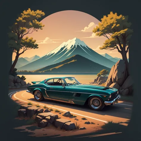 T-shirt design, genshin impact graphic, vector, a vintage car with a scenic landscape in the background, detailed illustration, and retro style