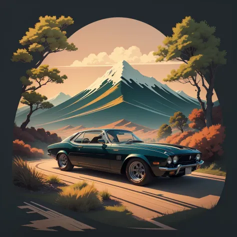 T-shirt design, genshin impact graphic, vector, a vintage car with a scenic landscape in the background, detailed illustration, and retro style