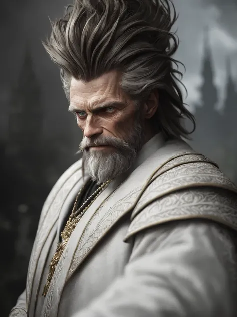 (Highest quality:1.3), cinematic shot, masterpiece, (sharp focus:1.5), (photorealistic:1.3), medium portrait of (a weary-looking but still proud and fierce-looking old Willem DaFoe, now the leader of his village, dressed in elaborately detailed (white suit...