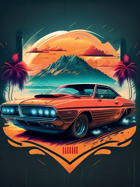 "carro, paisagem urbana exuberante, design de camiseta estilizado, meio da jornada, arte vetorial vibrante, hydro74"