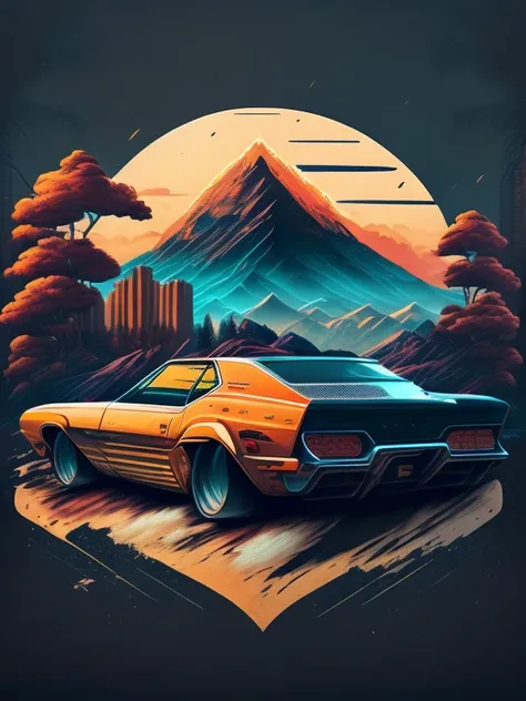 "carro, paisagem urbana exuberante, design de camiseta estilizado, meio da jornada, arte vetorial vibrante, hydro74"