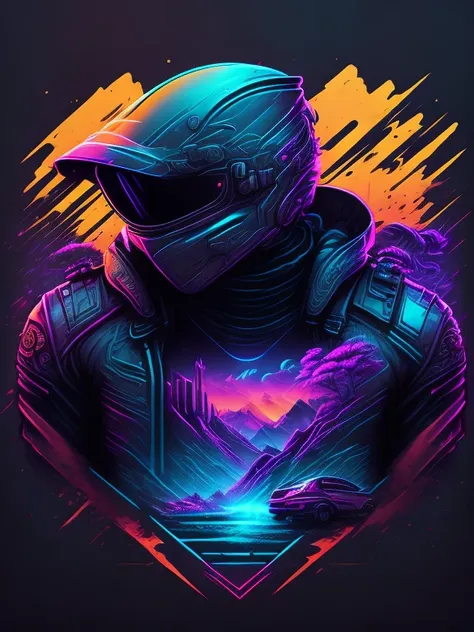 "moto, ambiente cyberpunk, design de camiseta estilizado, meio da jornada, arte vetorial vibrante, hydro74"