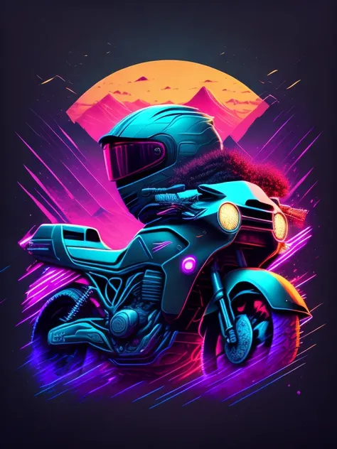 "moto, ambiente cyberpunk, design de camiseta estilizado, meio da jornada, arte vetorial vibrante, hydro74"