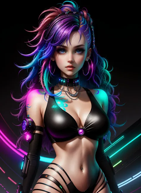 ((best quality)), ((masterpiece)), ((realistic)), (detailed), (1 girl) full body woman with colorful hair and piercings, dreamy cyberpunk girl, 4K high-detail digital art, stunning digital illustration, stunning 8K artwork, colorful digital fantasy art, co...