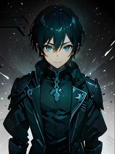 Kirito, anime style cool guy, sword art online, black slim armor, black trench coat, 1boy, looking at viewer, standing, thinking, smiling, upper body, ultra-detailed, Simple background, high quality, high resolution, masterpiece, best quality, (extremely d...