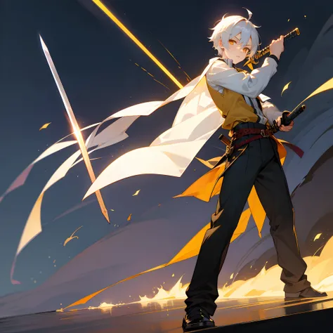 Anime, 17 year old boy, holding a sword, white hair, golden eyes, standing in a pose