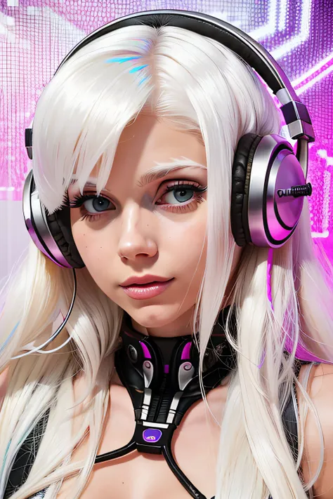 blond woman with headphones on looking at camera in front of a dress, a pastel inspired by Louisa Matthíasdóttir, featured on reddit, massurrealism, her hair is white, twitch streamer, wearing cybernetic bunny ears, her hair is silver, bleached, her face l...