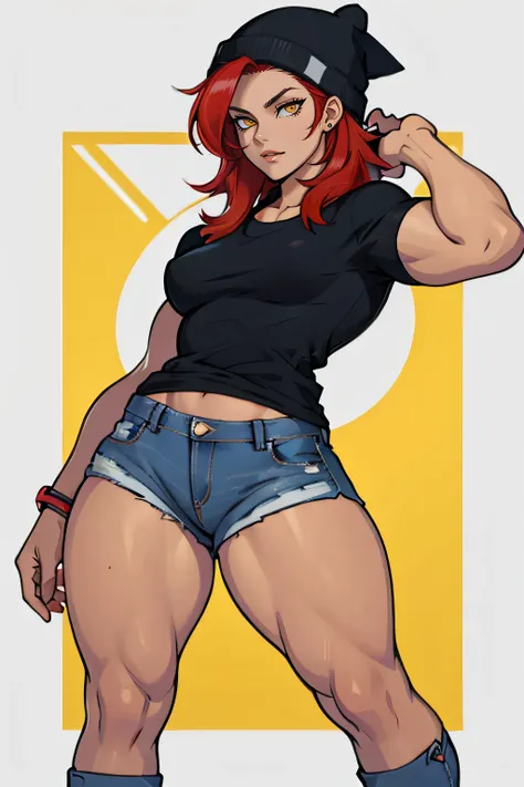 1 woman, muscular, black beanie, blue shirt, jeans shorts, red hair, yellow eyes,