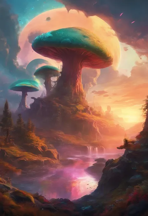 swpunk, synthwave, paint splatters, (extremely detailed 8k wallpaper), a crazy alien landscape with giant glowing mushrooms and colorful moss growing on rocks, ray tracing, detailed reflections, Intricate, High Detail, dramatic, best quality masterpiece, p...