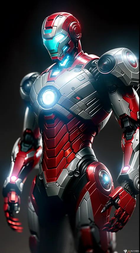 ironman da marvel, armadura branca, Biomechanicals, complex robot, crescimento completo, hiper-realista, pequenos detalhes insanos, linhas extremamente limpas, aesthetic cyberpunk, obra-prima apresentada no Zbrush Central