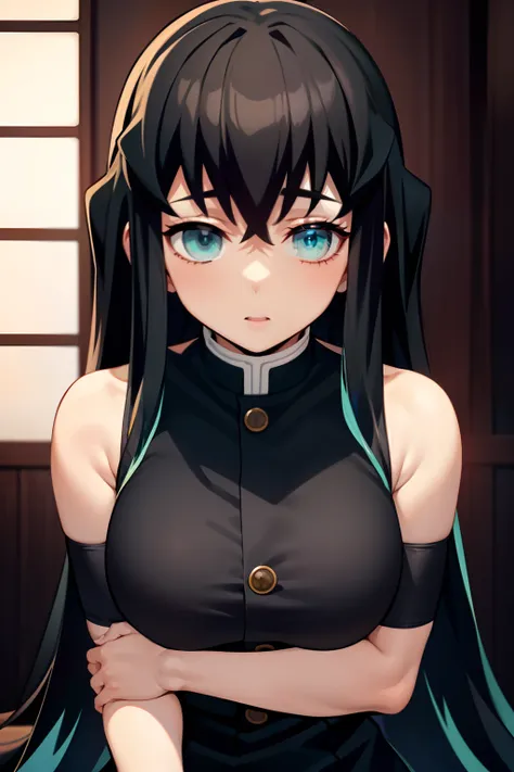 masterpiece, best quality, high quality, 1girl, solo, female focus, looking at viewer, hbehind viewer, upper body, tokitou_muichirou, long hair, bangs, black hair, aqua eyes, demon slayer, two-tone hair, medium breasts, ass, thigh, sex, masturbating, sitii...