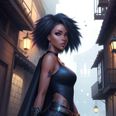 there is a black woman with a cape on standing in a narrow alley, stylized urban fantasy artwork, charlie bowater character art, stunning character art, African woman, artwork in the style of guweiz, neoartcore and charlie bowater, gothic city streets behi...