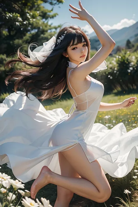 Araffe in a dream white transparent dress, Diosa japonesa, obra maestra, La mejor calidad, dancing pose, Dynamic Angle, campos de belladonna, dynamic background, fondo floral bokeh, 1girl, En pie, vestido flowinggown, Flowing Gown, floating hair. floating ...