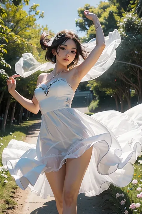 Araffe in a dream white transparent dress, Diosa japonesa, obra maestra, La mejor calidad, dancing pose, Dynamic Angle, campos de belladonna, dynamic background, fondo floral bokeh,1girl, En pie, vestido flowinggown, Flowing Gown, floating hair. floating m...