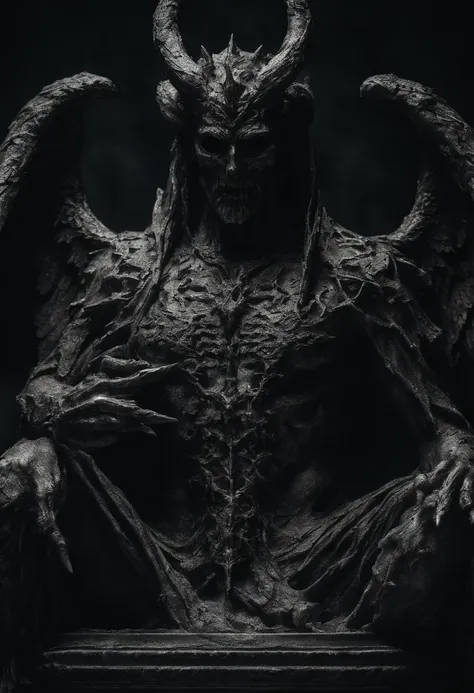 Intricately built statue of a demon,marble sculpture,mysterious,ominous presence,detailed horns and wings,sharp and menacing claws,imposing and muscular pose,fire-like fiery eyes,bulging veins,engraved symbols and runes,shadows accentuate the features,eeri...