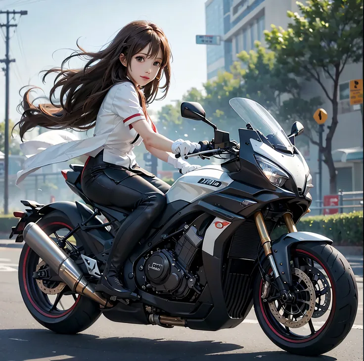 Realistic, Asuna Yuuki, ultra detalhe, Detailed white gloves hands holding the handlebar of the bike