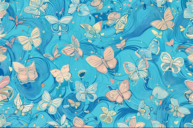 Brazilian giant butterflies in blue shades, flying in front an abstract pattern of lines in pastel tones. Highly detailed.