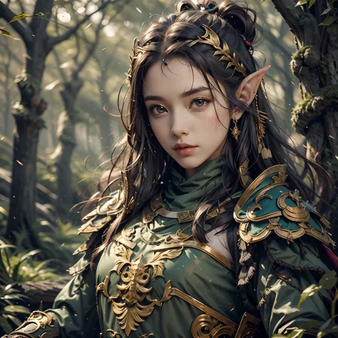 beautiful forest elf, pretty face, nice body, black hair, wearing armor, green cape, in a forest, 8k, extremely detailed, ultra realistic --auto --s2