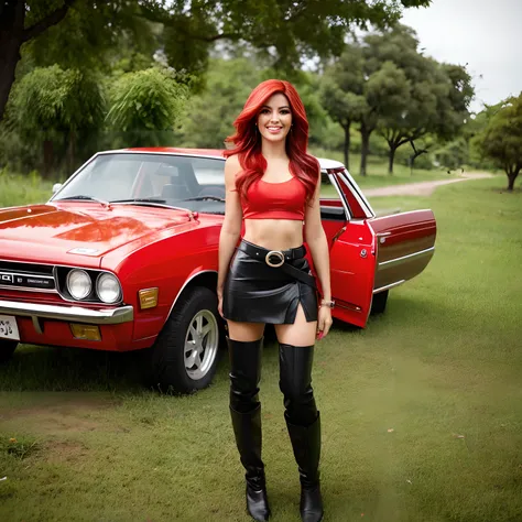 garota, cabelos vermelhos, olhos azuis, pele branca, Wearing a red tank top and a black leather skirt with a belt and a marry ane on her footwear.